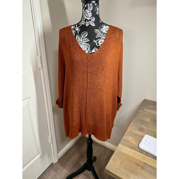 She + Sky Open Knit Oversized V Neck Sweater Rust One Size - Picture 1 of 7